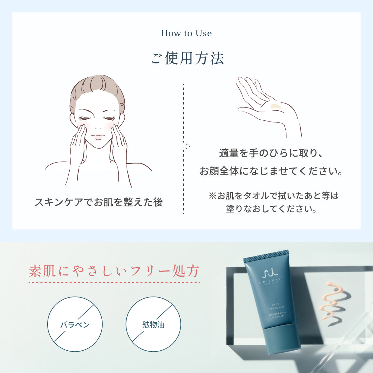 Dr.MiCHAELデューイUVプロテクターのご使用方法。スキンケア後に適量を顔全体にのばすUVジェル。日中も塗り直し可能。パラベン・鉱物油フリー処方。