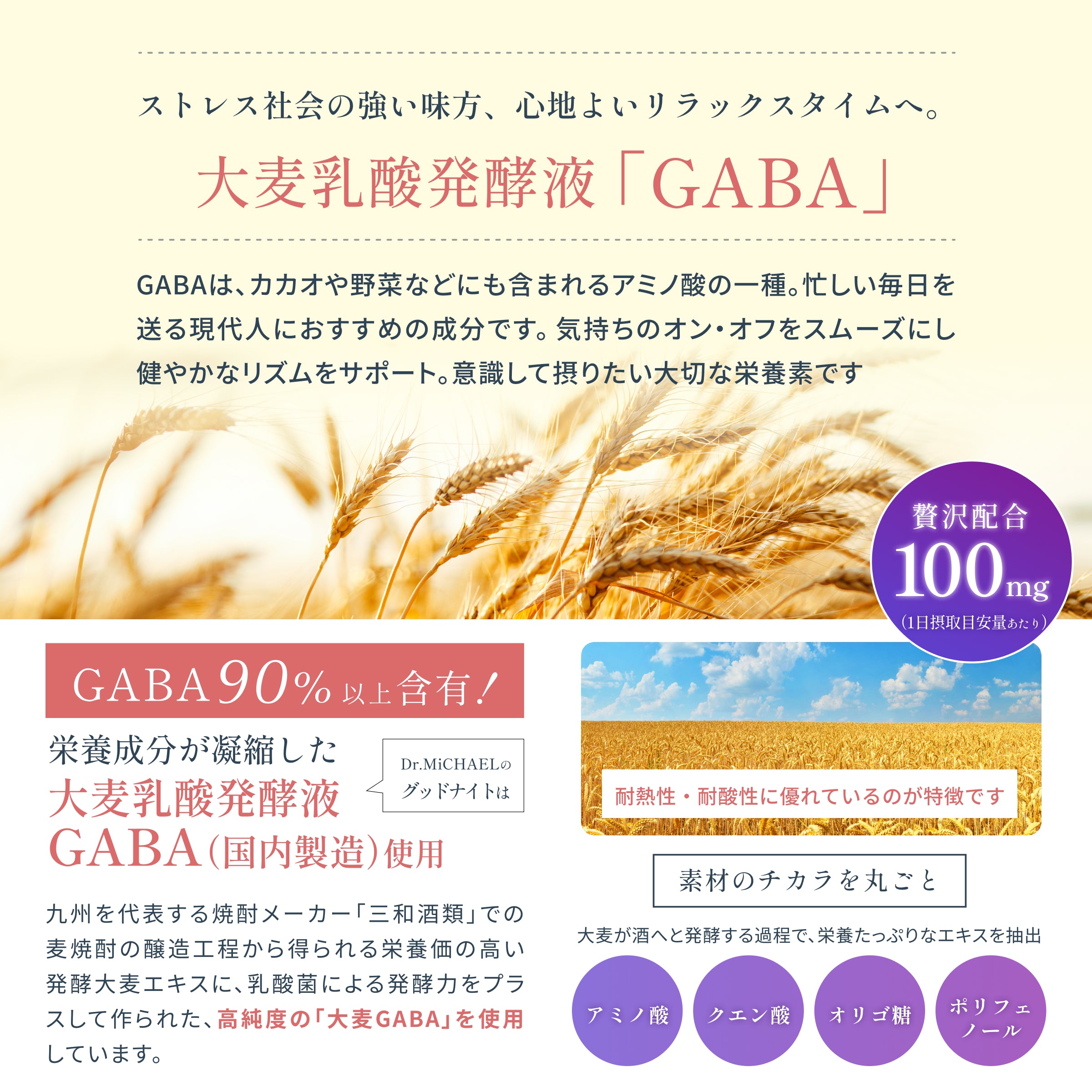 大麦乳酸発酵液「GABA」。GABAはカカオや野菜などにも含まれるアミノ酸の一種。気持ちのオン・オフをスムーズにし、健やかなリズムをサポートするため、意識して摂りたい大切な栄養素です。
「グッドナイト」で使用しているGABAは、九州を代表する焼酎メーカー「三和酒類」での麦焼酎の醸造工程から得られる栄養価の高い発酵大麦エキスに乳酸菌による発酵力をプラスして作られた高純度の「大麦GABA」。耐熱性・耐酸性に優れているのが特徴。アミノ酸・クエン酸・オリゴ糖・ポリフェノールなど栄養たっぷりなエキスを抽出。