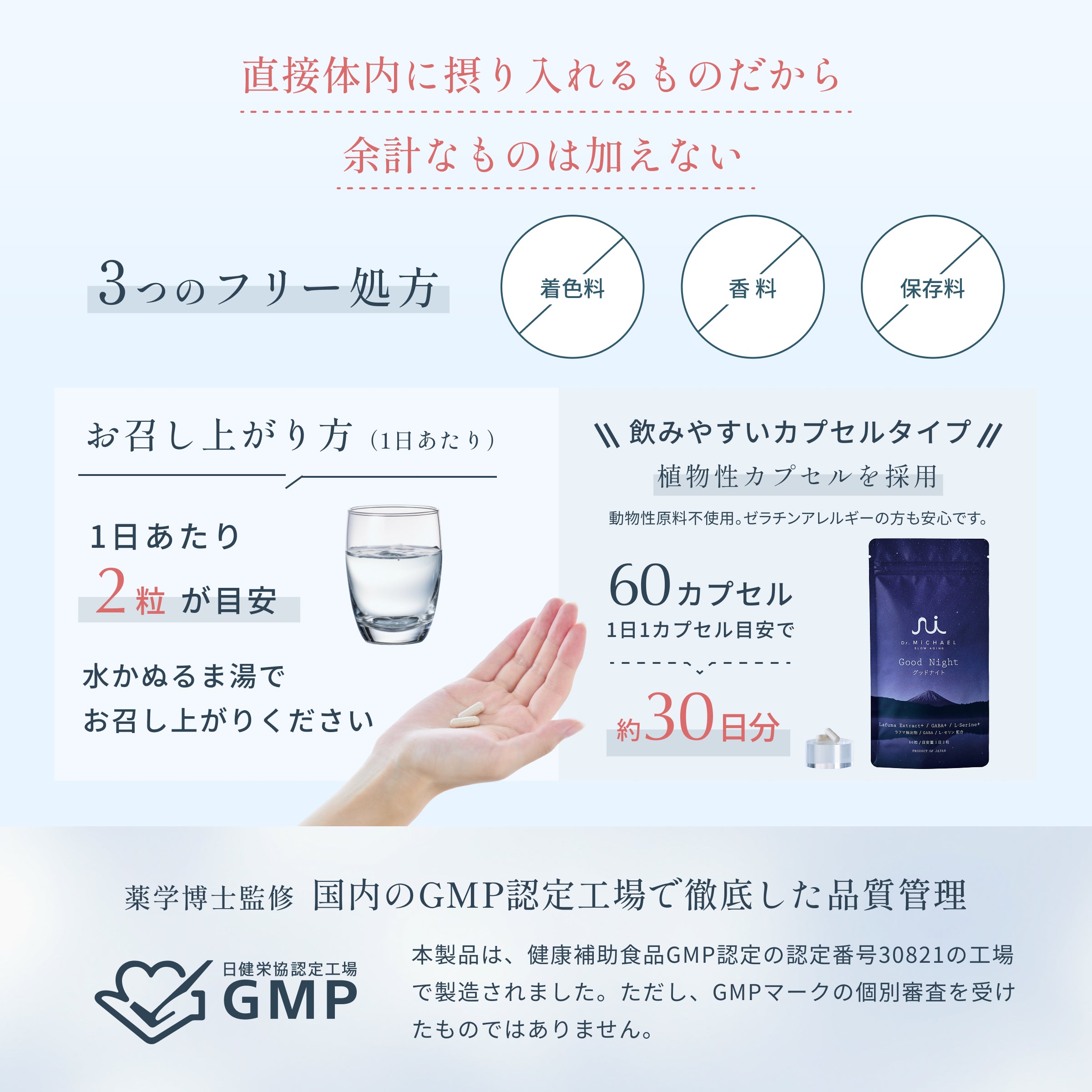 1日・2粒を目安に摂取。水かぬるま湯でお召し上がりください。植物性カプセル採用でゼラチンアレルギーの方にも安心。60カプセル・約30日分。薬学博士監修・国内のGMP認定工場で徹底した品質管理。