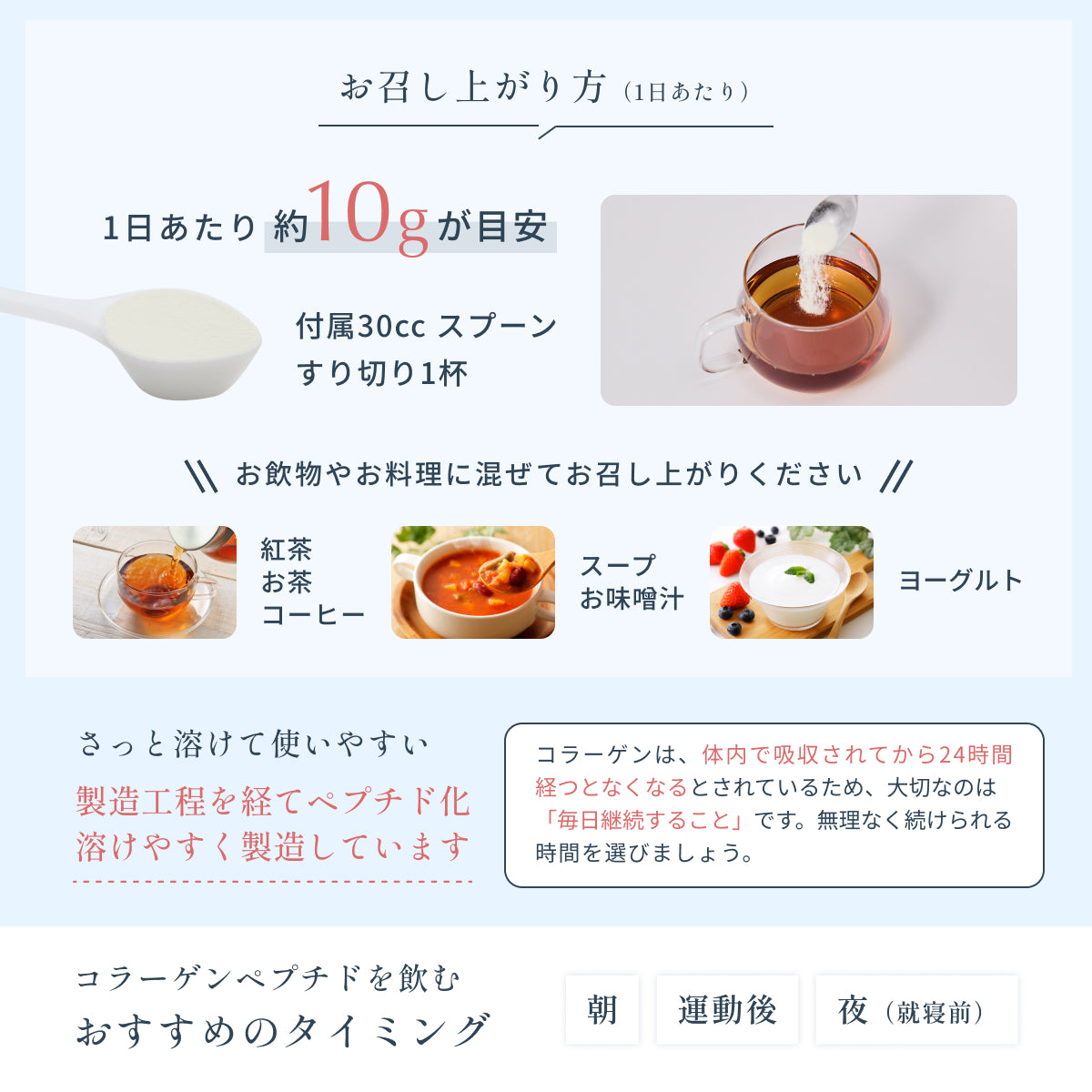 1日あたり約10g目安。付属30ccスプーンすり切り1杯を紅茶やコーヒー、スープ、ヨーグルトなどに混ぜて手軽に摂取。さっと溶けやすく、朝・運動後・夜のタイミングに飲むのがおすすめ。