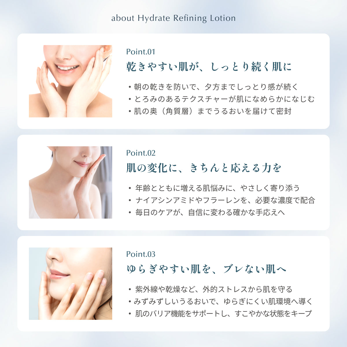 Dr.MiCHAELハイドレートリファイニングローションの特徴。乾燥を防ぎしっとり続く、年齢肌に応える成分配合、ゆらぎやすい肌を守る3つのケアポイントを紹介。