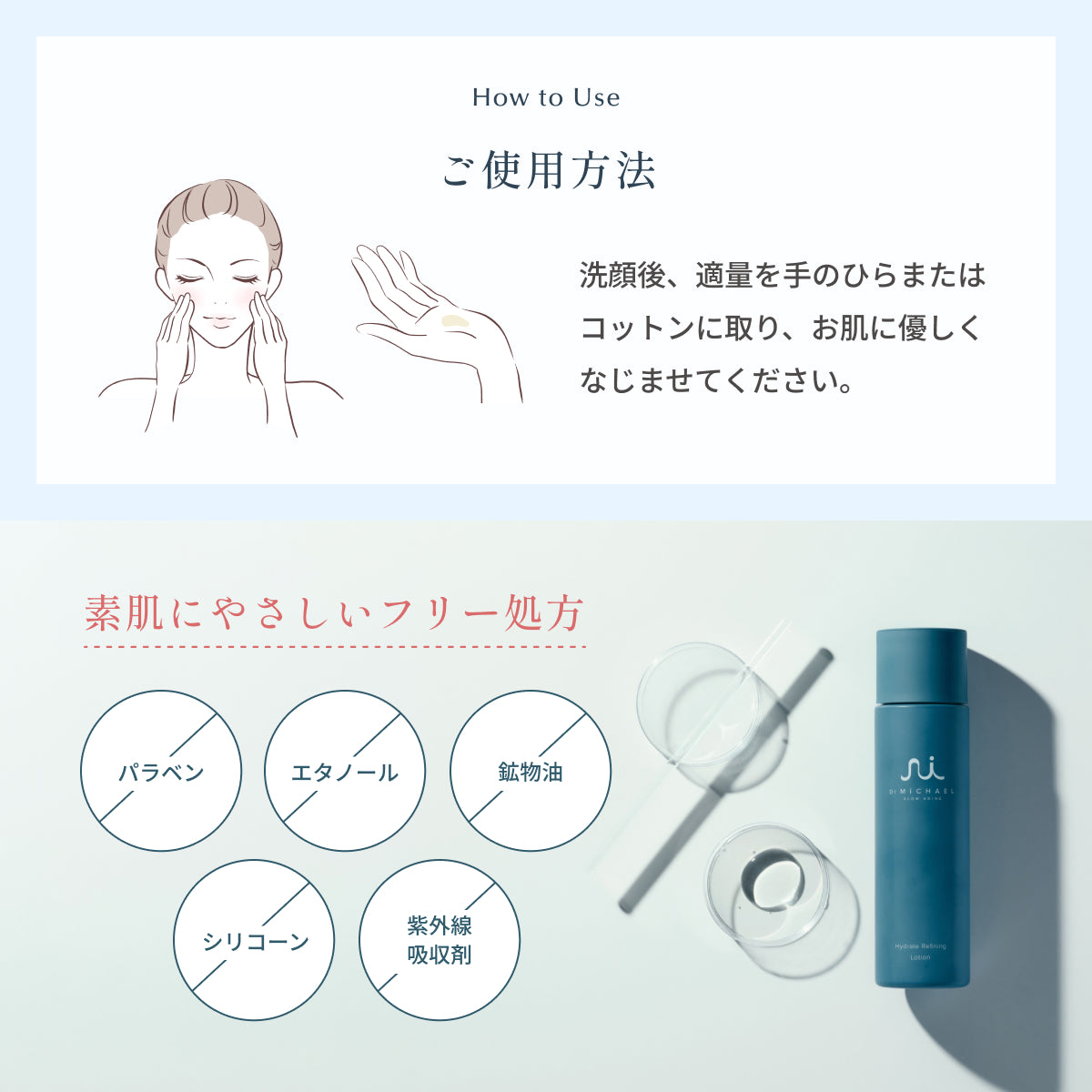 Dr.MiCHAELハイドレートリファイニングローションのご使用方法。洗顔後に手またはコットンで優しくなじませる化粧水。パラベン・エタノール・鉱物油・シリコーン・紫外線吸収剤フリー処方。