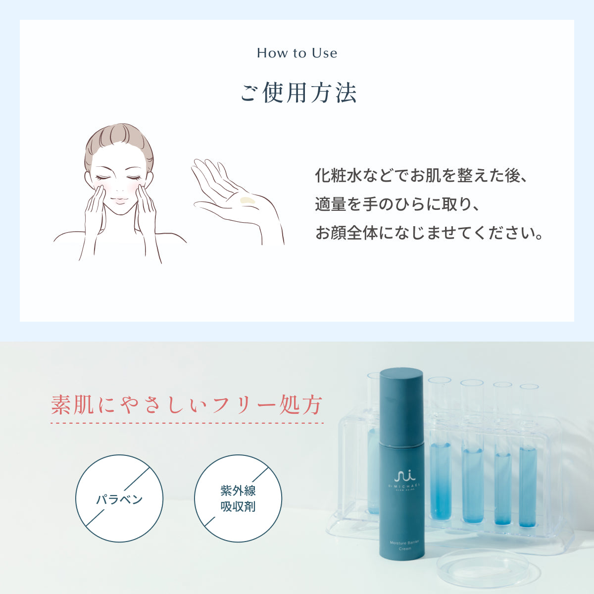 Dr.MiCHAELモイスチャーバリアクリームのご使用方法。化粧水後に適量を手のひらで顔全体になじませる朝用保湿クリーム。パラベン・紫外線吸収剤フリー処方。