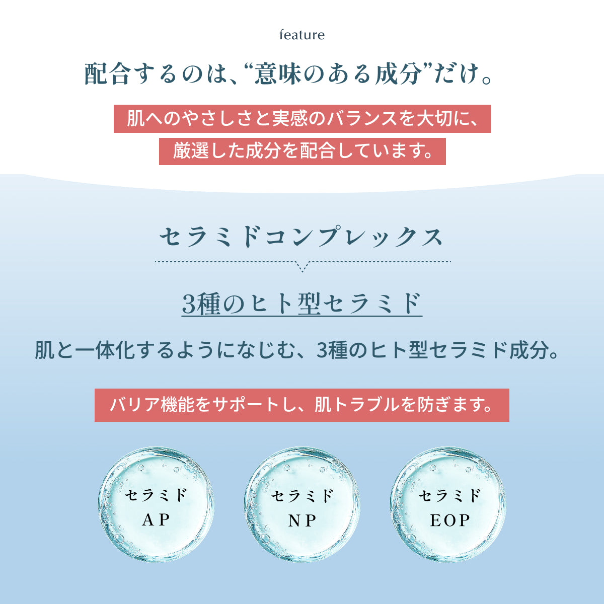 配合するのは意味のある成分だけ。3種のヒト型セラミド(AP・NP・EOP)を配合し、肌と一体化するようになじみバリア機能をサポート。乾燥や刺激から守るモイスチャーバリアクリーム成分説明。