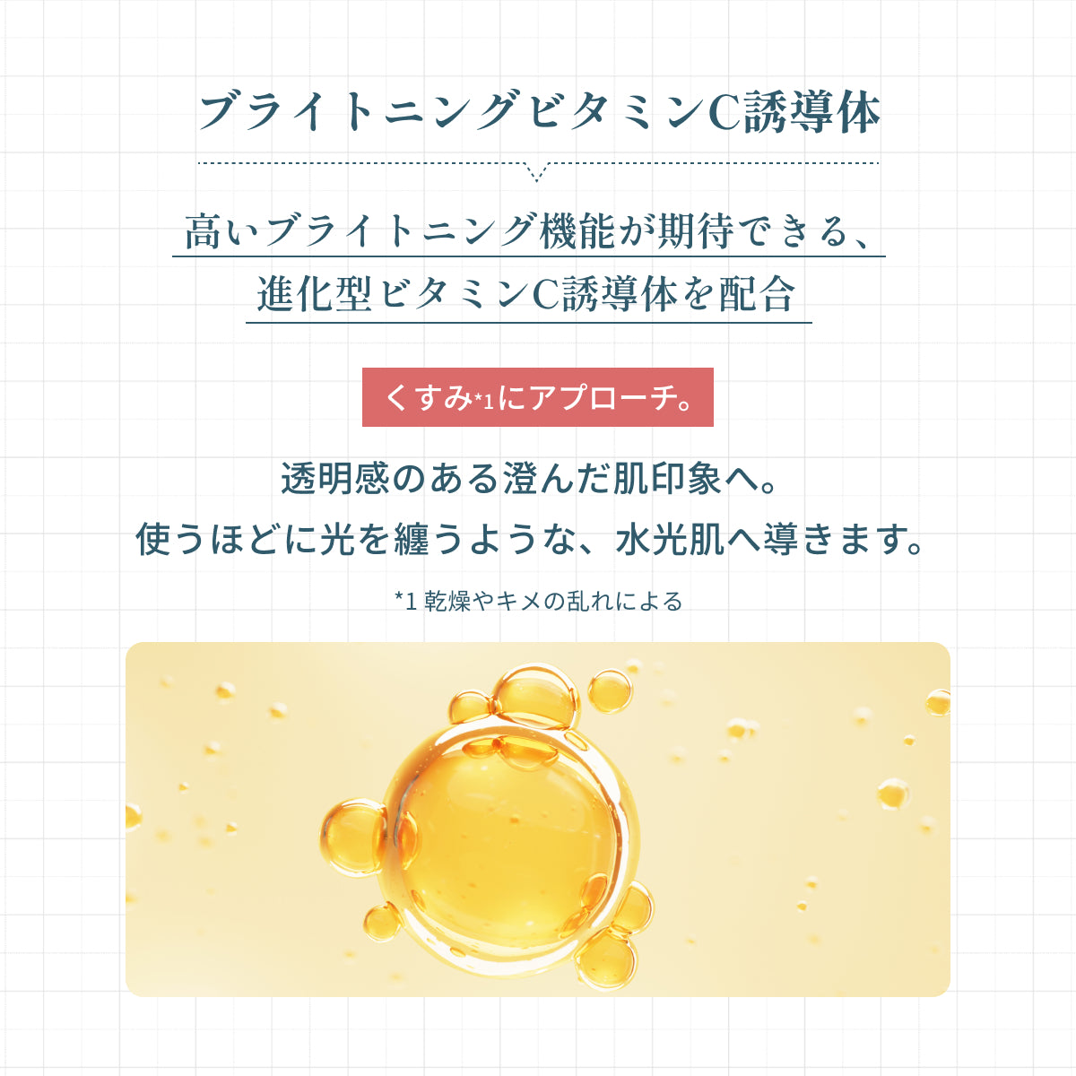 進化型ビタミンC誘導体(ブライトニングビタミンC誘導体)を配合。くすみにアプローチし、透明感ある澄んだ肌印象へ導く。使うほどに光を纏うような水光肌を目指す成分説明。