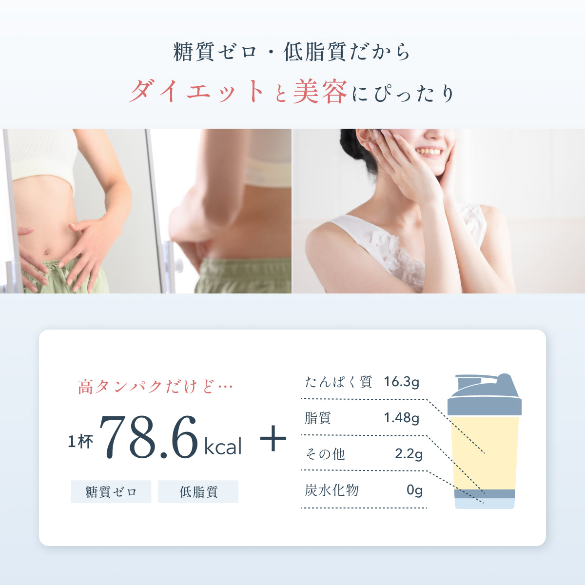 糖質ゼロ・低脂質の植物性プロテインは高タンパクで78.6kcal。美容やダイエットに最適な栄養補給を実現。