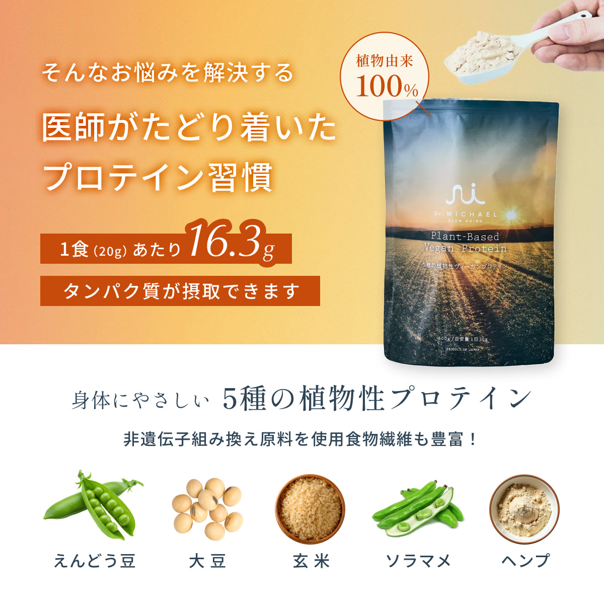 医師がたどり着いた植物性プロテイン習慣。植物由来100%で、1食16.3gのタンパク質が摂取可能。えんどう豆・大豆・玄米・ソラマメ・ヘンプを配合し、美容と健康維持をサポートします。非遺伝子組み換え原料を使用し食物繊維も豊富。