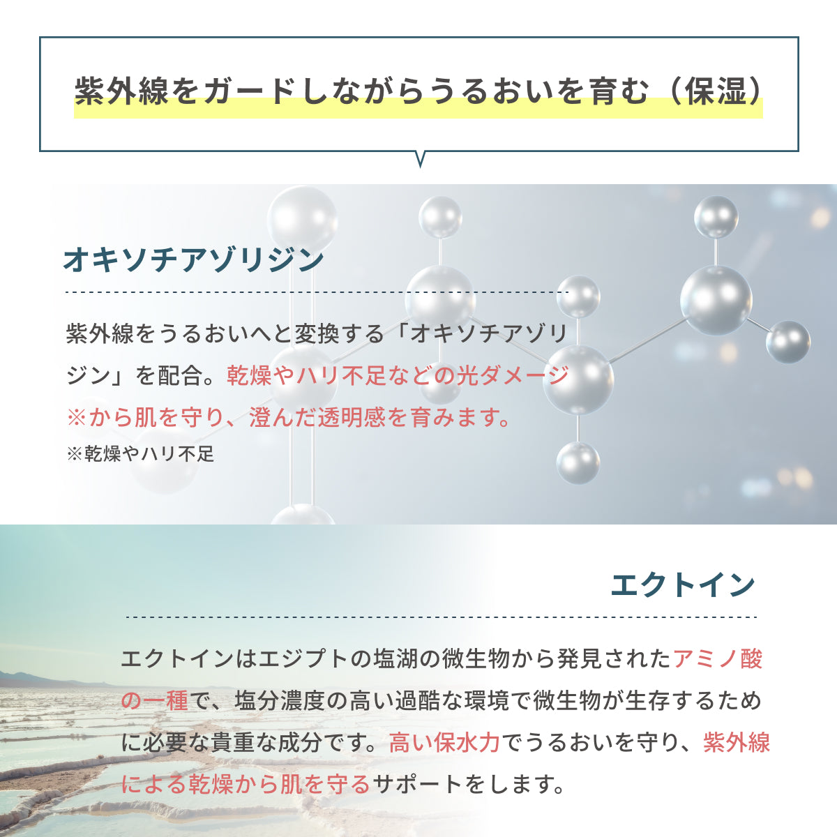 紫外線を潤いへと変換するオキソチアゾリジンと高い保水力をもつアミノ酸の一種エクトインを配合。紫外線ダメージを防ぎながら高い保水力で透明感を守るデューイUVプロテクター。