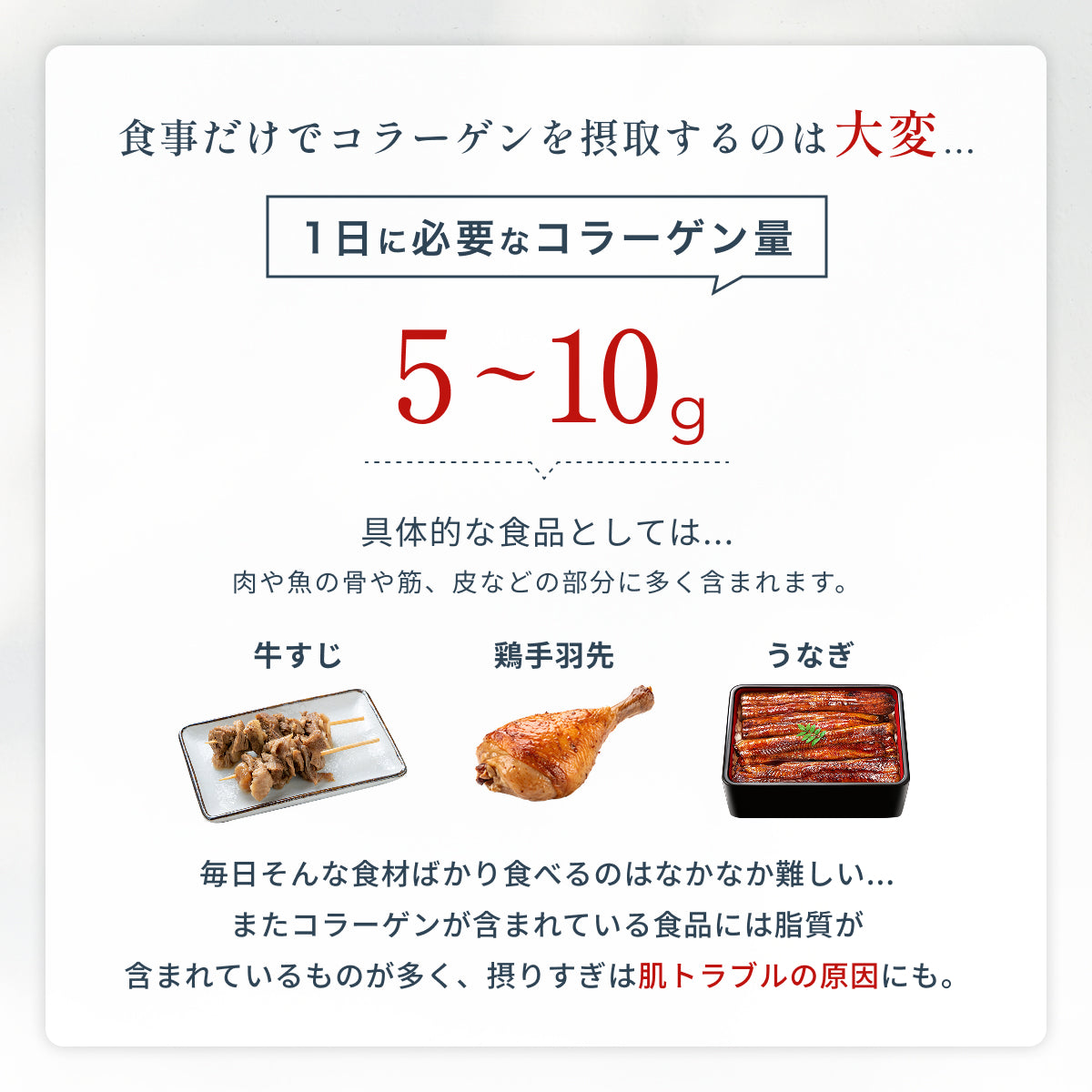 1日に必要なコラーゲン量は5〜10g。牛すじ・鶏手羽先・うなぎなどに多く含まれるが、毎日食事で摂取するのは難しく、脂質過多は肌トラブルの原因にもつながる。