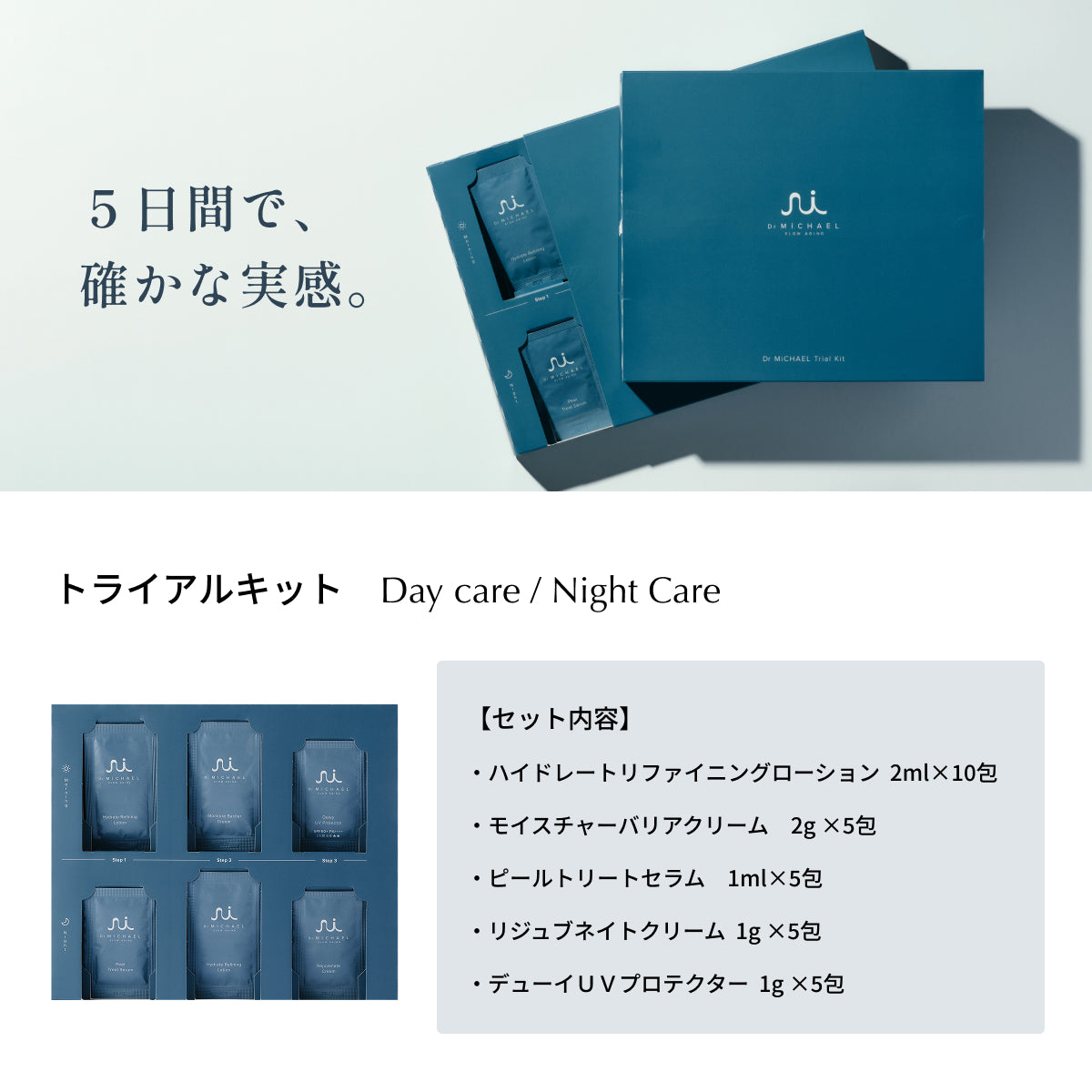 Dr.MiCHAELトライアルキット。5日間で肌変化を実感できるセット。化粧水・クリーム・セラム・UVケアを個包装で試せるスキンケアライン。